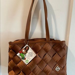Maggie Recycled Seatbelt Shoulder Bag Woven Brown Checkered